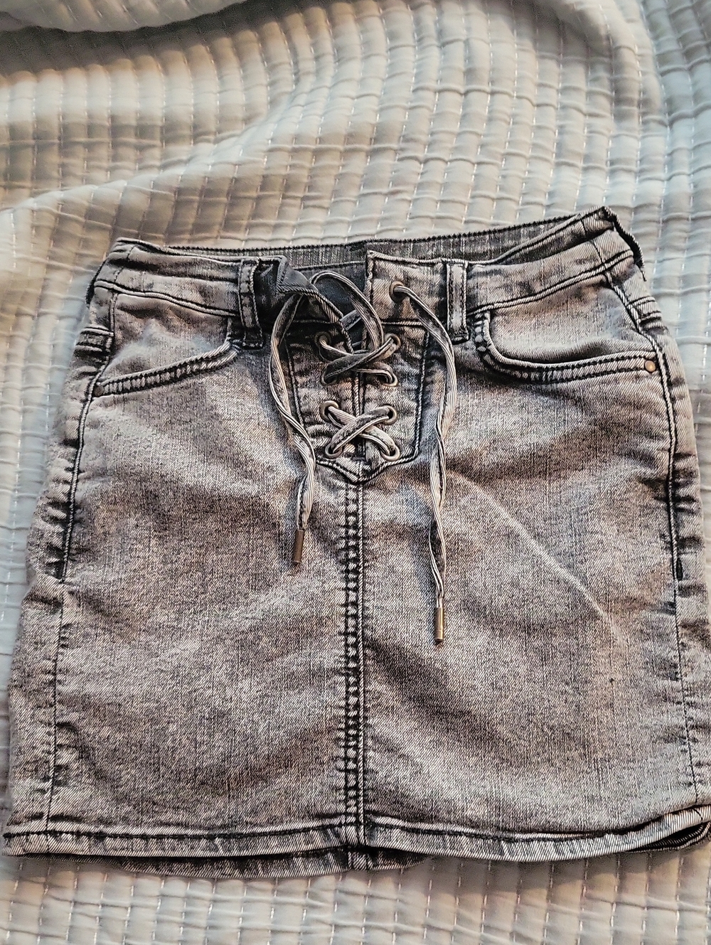 Lace-Up Acid Wash Denim Mini Skirt - Grey